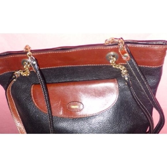 Vintage Bally Black Pebbled With Smooth Brown Leather Satchel - Picture 9 of 9